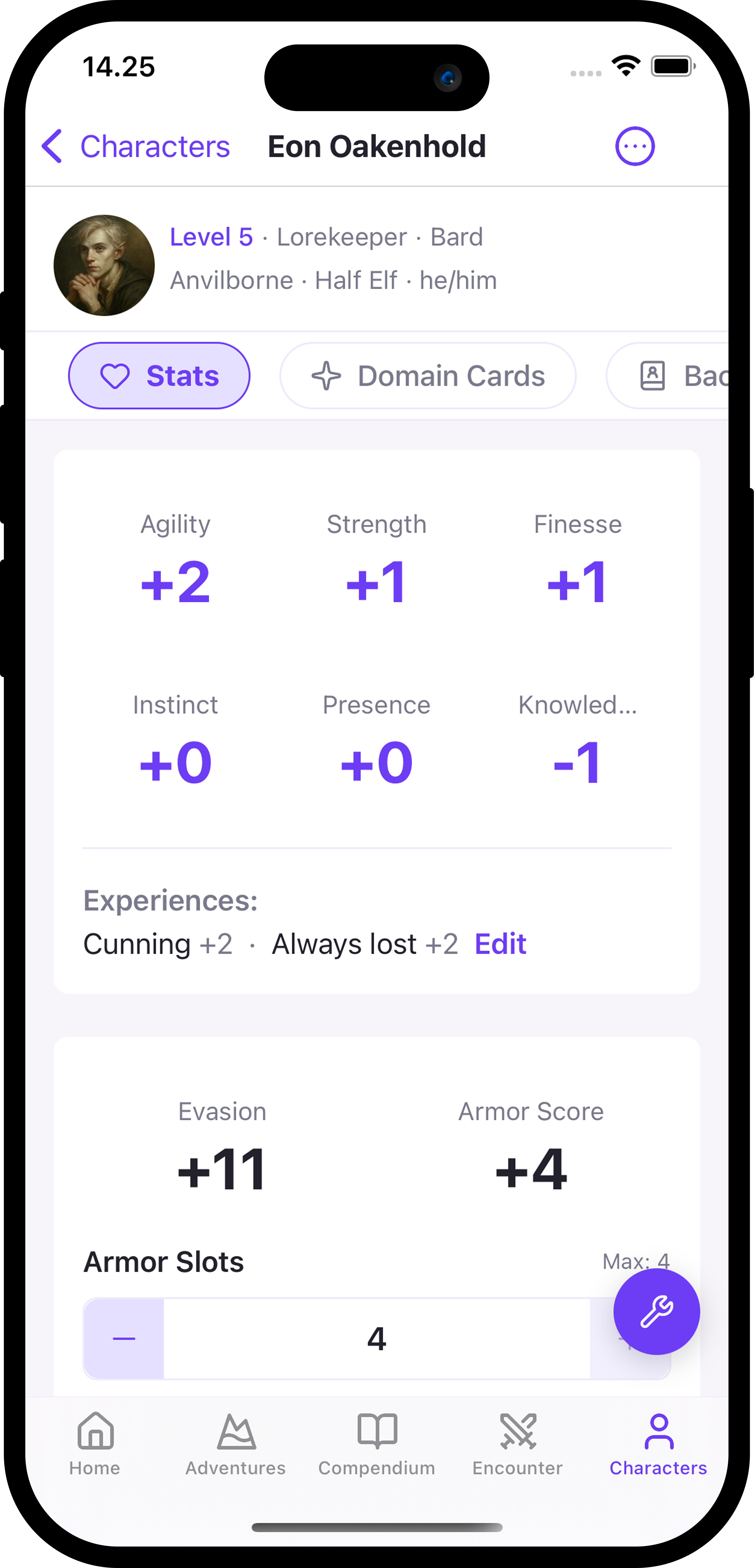 Heartforge character sheet screenshot